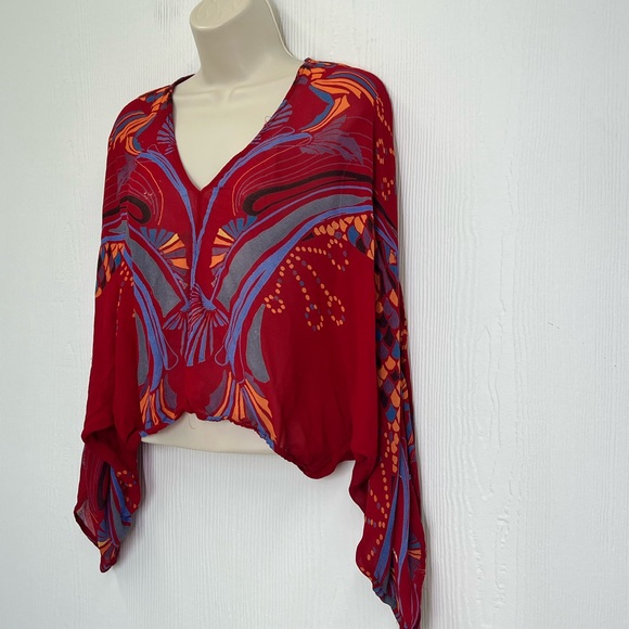 Free People - Beneath The Sea Red Boho V Neck Lightweight Blouse Size XS - Picture 7 of 11